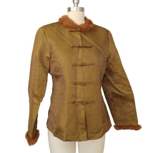Vintage Asian Bronze Jacket Size S M Art To Wear Frog Clasp Fur Collar Kenki - Picture 1 of 10